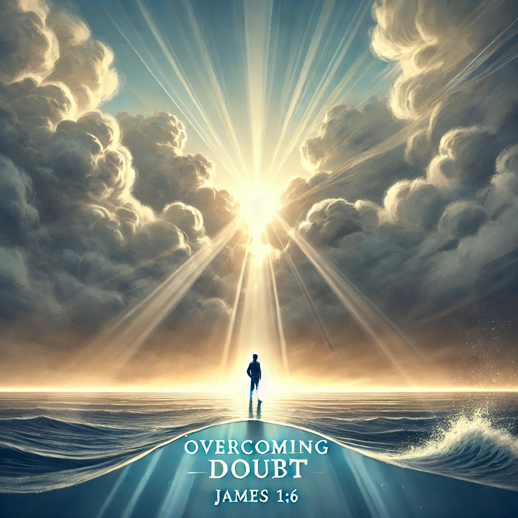 Inspirational featured image for a Christian blog titled 'Overcoming Doubt,' based on James 1:6. The image shows a person standing by a stormy sea with rays of light breaking through clouds, symbolizing hope, faith, and victory over doubt.